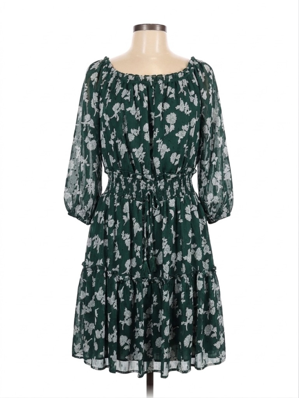 🩶 Ryan Michelle Green Floral 3/4 Sleeve Knee Length Dress
